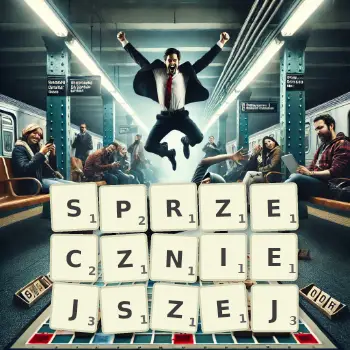Kreatywna ilustracja do gry w Scrabble ze słowem SPRZECZNIEJSZEJ ułożonym z płytek na planszy.