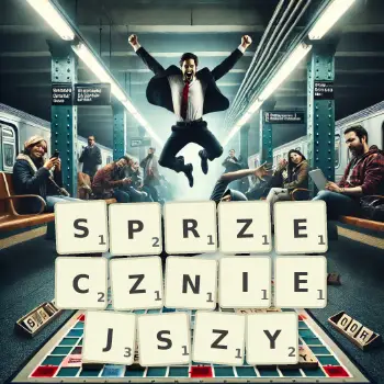 Kreatywna ilustracja do gry w Scrabble ze słowem SPRZECZNIEJSZY ułożonym z płytek na planszy.