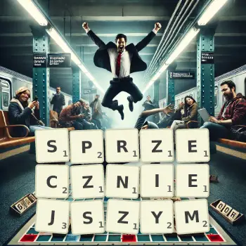 Kreatywna ilustracja do gry w Scrabble ze słowem SPRZECZNIEJSZYM ułożonym z płytek na planszy.