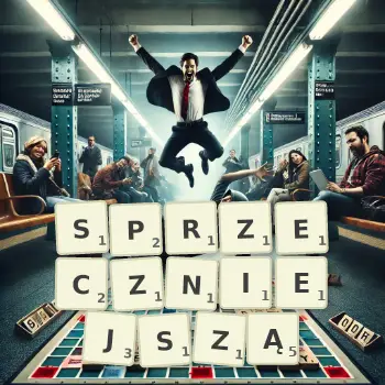 Kreatywna ilustracja do gry w Scrabble ze słowem SPRZECZNIEJSZĄ ułożonym z płytek na planszy.