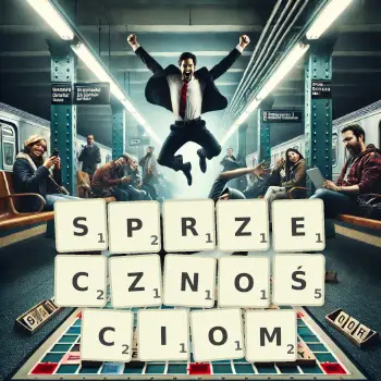 Kreatywna ilustracja do gry w Scrabble ze słowem SPRZECZNOŚCIOM ułożonym z płytek na planszy.