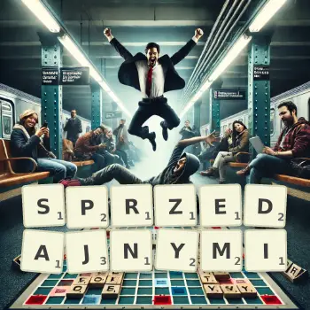 Kreatywna ilustracja do gry w Scrabble ze słowem SPRZEDAJNYMI ułożonym z płytek na planszy.