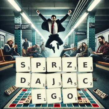 Kreatywna ilustracja do gry w Scrabble ze słowem SPRZEDAJĄCEGO ułożonym z płytek na planszy.