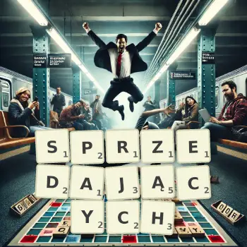 Kreatywna ilustracja do gry w Scrabble ze słowem SPRZEDAJĄCYCH ułożonym z płytek na planszy.
