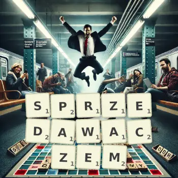 Kreatywna ilustracja do gry w Scrabble ze słowem SPRZEDAWACZEM ułożonym z płytek na planszy.