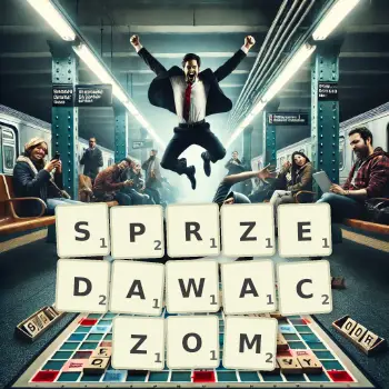 Kreatywna ilustracja do gry w Scrabble ze słowem SPRZEDAWACZOM ułożonym z płytek na planszy.