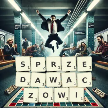Kreatywna ilustracja do gry w Scrabble ze słowem SPRZEDAWACZOWI ułożonym z płytek na planszy.
