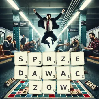 Kreatywna ilustracja do gry w Scrabble ze słowem SPRZEDAWACZÓW ułożonym z płytek na planszy.