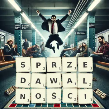 Kreatywna ilustracja do gry w Scrabble ze słowem SPRZEDAWALNOŚCI ułożonym z płytek na planszy.