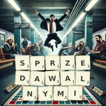 Kreatywna ilustracja do gry w Scrabble ze słowem SPRZEDAWALNYMI ułożonym z płytek na planszy.