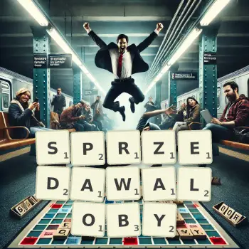 Kreatywna ilustracja do gry w Scrabble ze słowem SPRZEDAWALOBY ułożonym z płytek na planszy.
