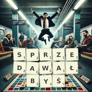 Kreatywna ilustracja do gry w Scrabble ze słowem SPRZEDAWAŁBYŚ ułożonym z płytek na planszy.