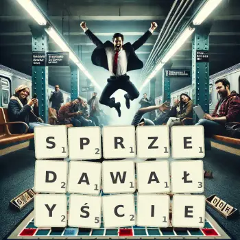 Kreatywna ilustracja do gry w Scrabble ze słowem SPRZEDAWAŁYŚCIE ułożonym z płytek na planszy.