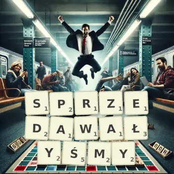 Kreatywna ilustracja do gry w Scrabble ze słowem SPRZEDAWAŁYŚMY ułożonym z płytek na planszy.
