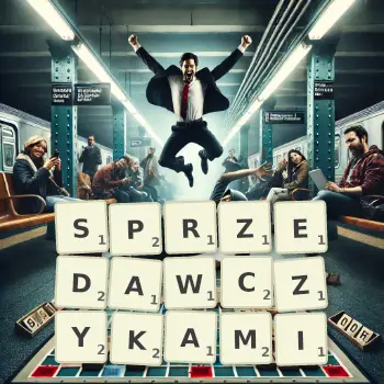 Kreatywna ilustracja do gry w Scrabble ze słowem SPRZEDAWCZYKAMI ułożonym z płytek na planszy.