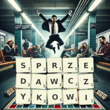 Kreatywna ilustracja do gry w Scrabble ze słowem SPRZEDAWCZYKOWI ułożonym z płytek na planszy.