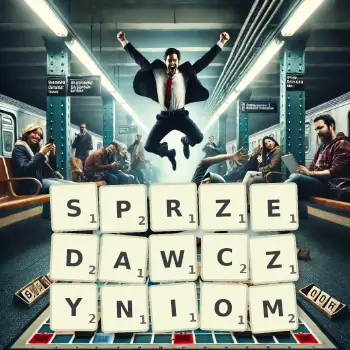 Kreatywna ilustracja do gry w Scrabble ze słowem SPRZEDAWCZYNIOM ułożonym z płytek na planszy.