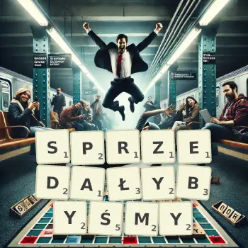 Kreatywna ilustracja do gry w Scrabble ze słowem SPRZEDAŁYBYŚMY ułożonym z płytek na planszy.