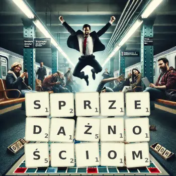 Kreatywna ilustracja do gry w Scrabble ze słowem SPRZEDAŻNOŚCIOM ułożonym z płytek na planszy.