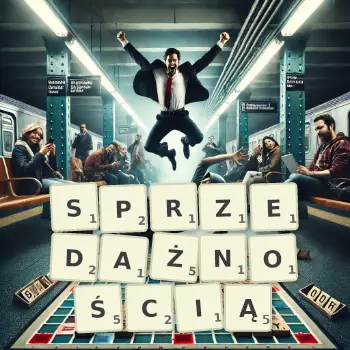 Kreatywna ilustracja do gry w Scrabble ze słowem SPRZEDAŻNOŚCIĄ ułożonym z płytek na planszy.