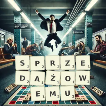 Kreatywna ilustracja do gry w Scrabble ze słowem SPRZEDAŻOWEMU ułożonym z płytek na planszy.