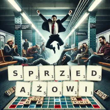 Kreatywna ilustracja do gry w Scrabble ze słowem SPRZEDAŻOWI ułożonym z płytek na planszy.