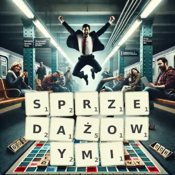 Kreatywna ilustracja do gry w Scrabble ze słowem SPRZEDAŻOWYMI ułożonym z płytek na planszy.