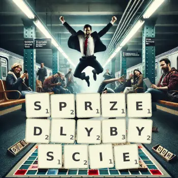 Kreatywna ilustracja do gry w Scrabble ze słowem SPRZEDLYBYSCIE ułożonym z płytek na planszy.