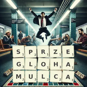 Kreatywna ilustracja do gry w Scrabble ze słowem SPRZEGLOHAMULCA ułożonym z płytek na planszy.