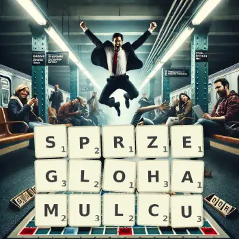 Kreatywna ilustracja do gry w Scrabble ze słowem SPRZEGLOHAMULCU ułożonym z płytek na planszy.