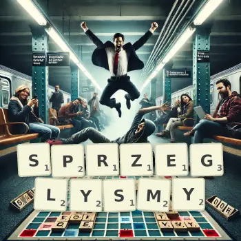 Kreatywna ilustracja do gry w Scrabble ze słowem SPRZEGLYSMY ułożonym z płytek na planszy.