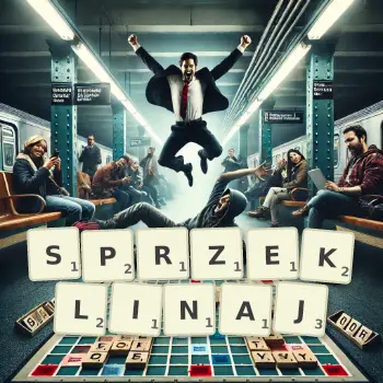Kreatywna ilustracja do gry w Scrabble ze słowem SPRZEKLINAJ ułożonym z płytek na planszy.