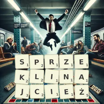 Kreatywna ilustracja do gry w Scrabble ze słowem SPRZEKLINAJCIEŻ ułożonym z płytek na planszy.