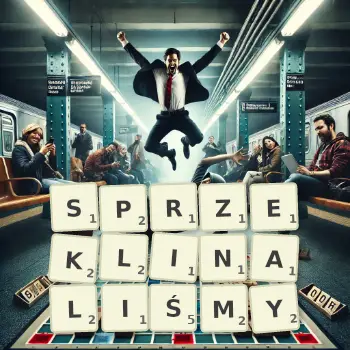 Kreatywna ilustracja do gry w Scrabble ze słowem SPRZEKLINALIŚMY ułożonym z płytek na planszy.