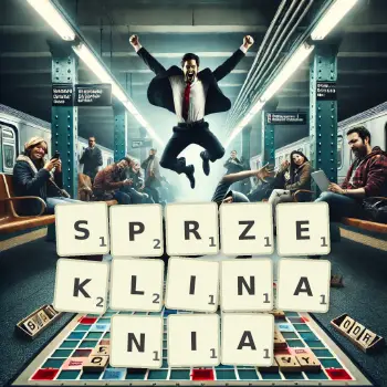 Kreatywna ilustracja do gry w Scrabble ze słowem SPRZEKLINANIA ułożonym z płytek na planszy.