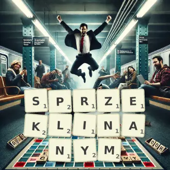 Kreatywna ilustracja do gry w Scrabble ze słowem SPRZEKLINANYM ułożonym z płytek na planszy.