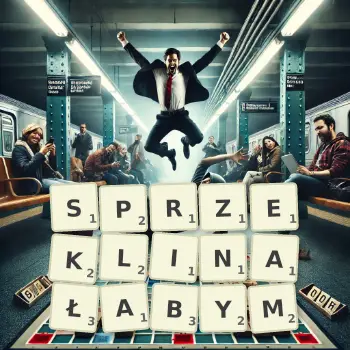 Kreatywna ilustracja do gry w Scrabble ze słowem SPRZEKLINAŁABYM ułożonym z płytek na planszy.