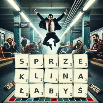 Kreatywna ilustracja do gry w Scrabble ze słowem SPRZEKLINAŁABYŚ ułożonym z płytek na planszy.