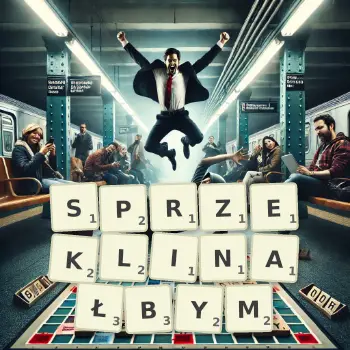 Kreatywna ilustracja do gry w Scrabble ze słowem SPRZEKLINAŁBYM ułożonym z płytek na planszy.