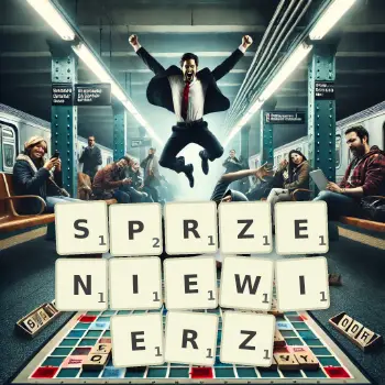 Kreatywna ilustracja do gry w Scrabble ze słowem SPRZENIEWIERZ ułożonym z płytek na planszy.