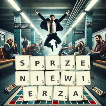 Kreatywna ilustracja do gry w Scrabble ze słowem SPRZENIEWIERZA ułożonym z płytek na planszy.