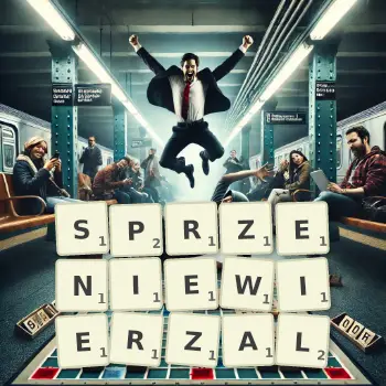 Kreatywna ilustracja do gry w Scrabble ze słowem SPRZENIEWIERZAL ułożonym z płytek na planszy.