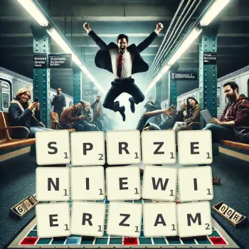 Kreatywna ilustracja do gry w Scrabble ze słowem SPRZENIEWIERZAM ułożonym z płytek na planszy.
