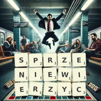 Kreatywna ilustracja do gry w Scrabble ze słowem SPRZENIEWIERZYC ułożonym z płytek na planszy.