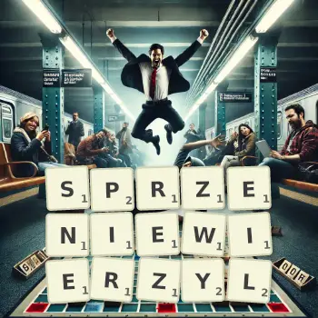 Kreatywna ilustracja do gry w Scrabble ze słowem SPRZENIEWIERZYL ułożonym z płytek na planszy.