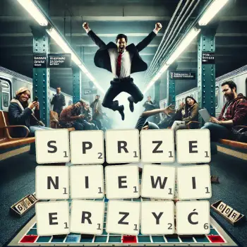 Kreatywna ilustracja do gry w Scrabble ze słowem SPRZENIEWIERZYĆ ułożonym z płytek na planszy.