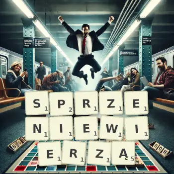 Kreatywna ilustracja do gry w Scrabble ze słowem SPRZENIEWIERZĄ ułożonym z płytek na planszy.