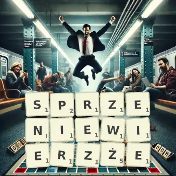 Kreatywna ilustracja do gry w Scrabble ze słowem SPRZENIEWIERZŻE ułożonym z płytek na planszy.