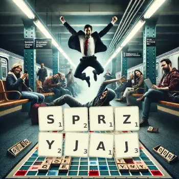 Kreatywna ilustracja do gry w Scrabble ze słowem SPRZYJAJ ułożonym z płytek na planszy.