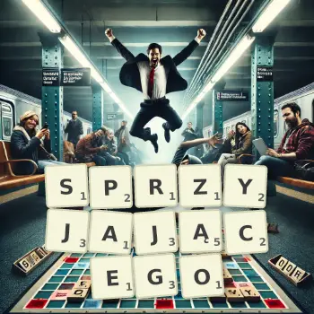 Kreatywna ilustracja do gry w Scrabble ze słowem SPRZYJAJĄCEGO ułożonym z płytek na planszy.